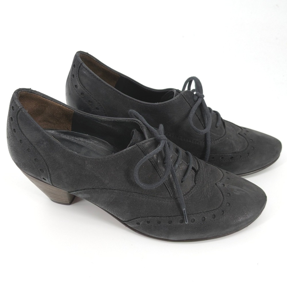 Paul Green Munchen Oxford Heels Women 7 Black Leather Wingtip Lace Up Brogue